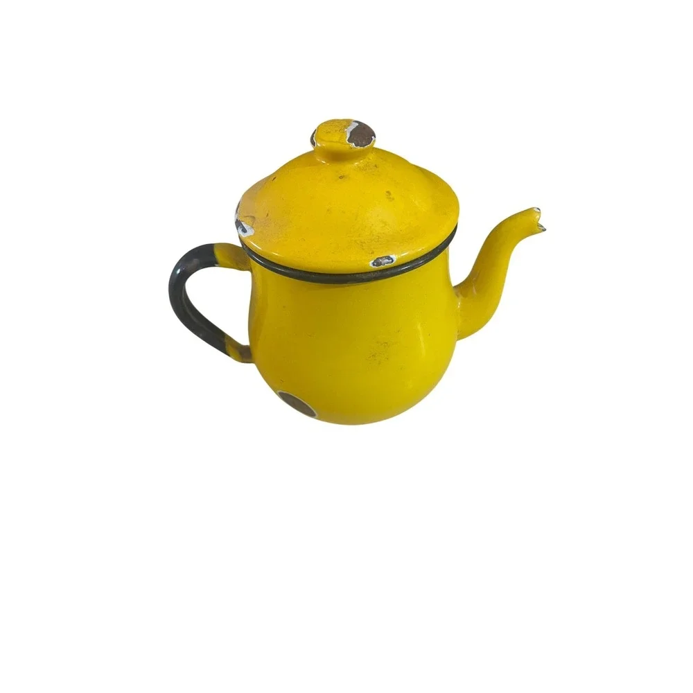 Vintage Yellow Enamelware Teapot Black Handle Rustic Farmhouse‎ Decor 5 Inch